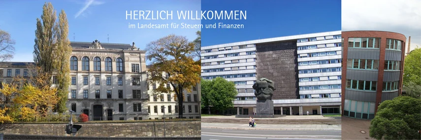 Auf dem Startbild (Slider) sind nebeneinander auf einem Bild die drei Standorte des Landesamtes für Steuern und Finanzen abgebildet. Zudem steht der Text "Herzlich Willkommen im Landesamt für Steuern und Finanzen" darüber. Hiermit sollen die Besucher der